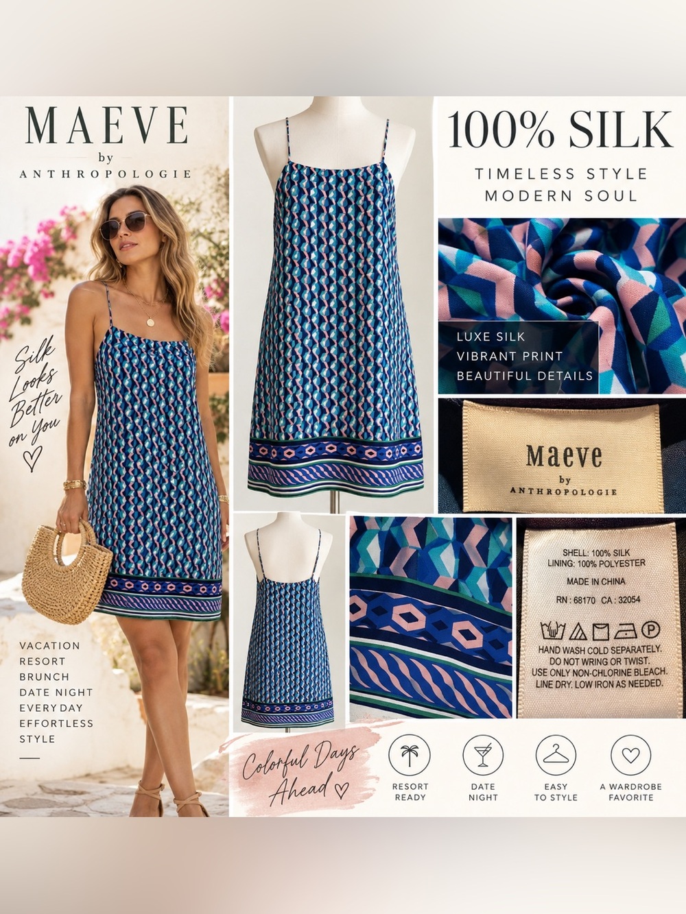 Maeve Anthropologie 100% Silk Geometric Slip Dress Blue Pink Resort S